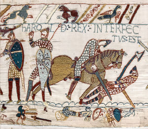 800px-Bayeux_Tapestry_scene57_Harold_death1-300x261